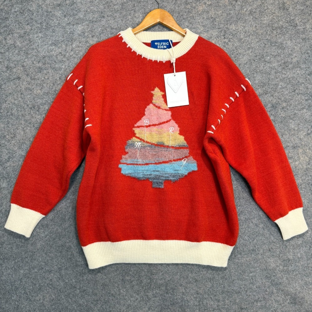 Elfric Eden Ugly Christmas Tree Sweater Womens Medium Oversized Embroidered NEW
